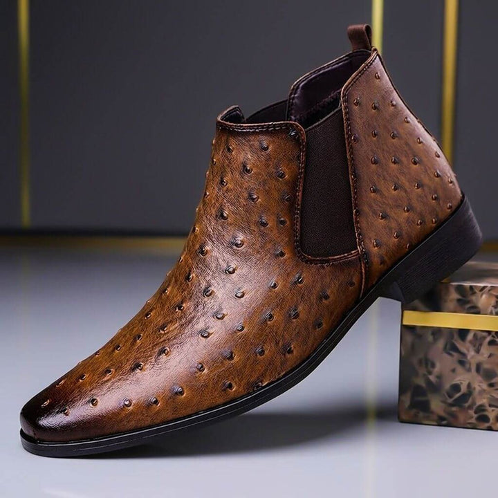 Leo | Herre Chelsea Boots i Læder med Strudsepræg og Blokhæl