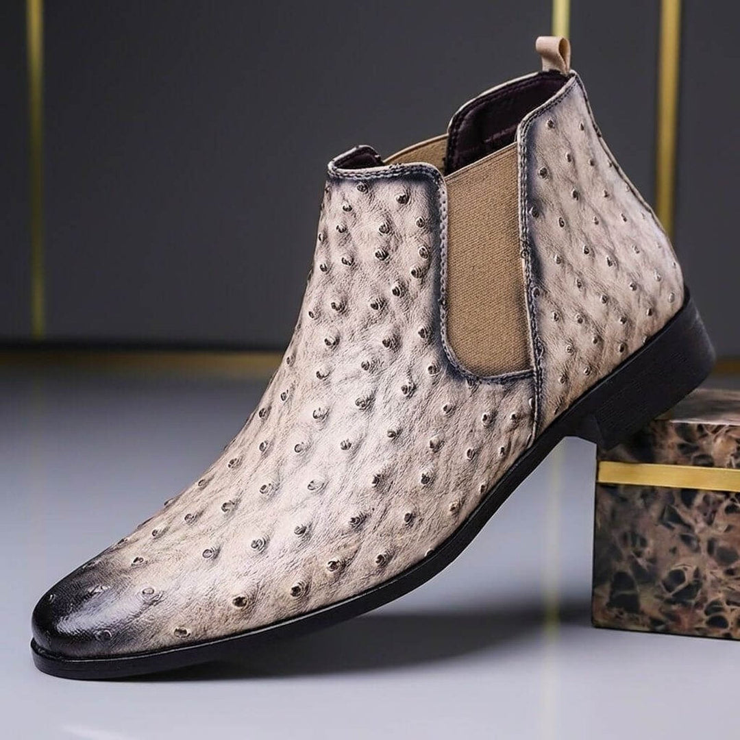 Leo | Herre Chelsea Boots i Læder med Strudsepræg og Blokhæl