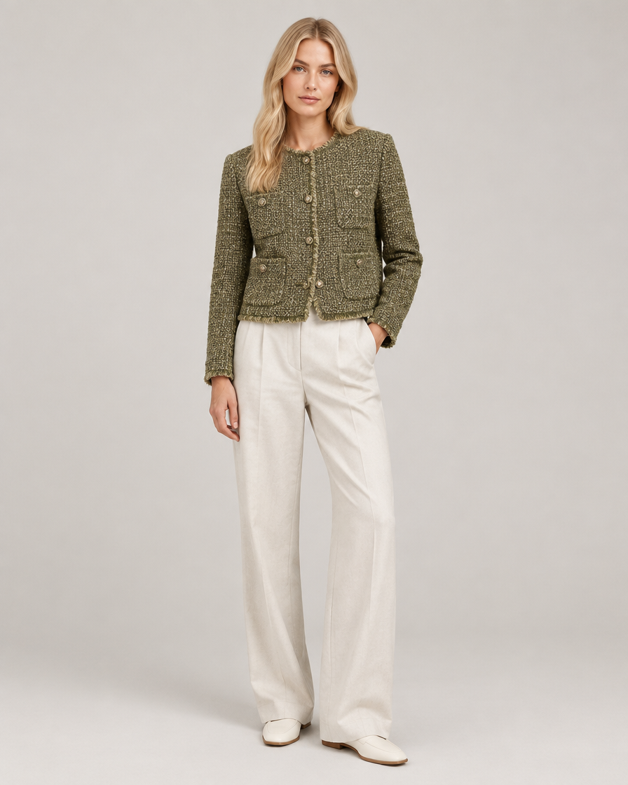 Olivia cropped tweed jakke – Oliven