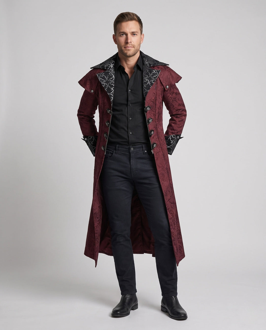 Men's elegant Gothic coat with elaborate embellishments and high collar Mune Fashion