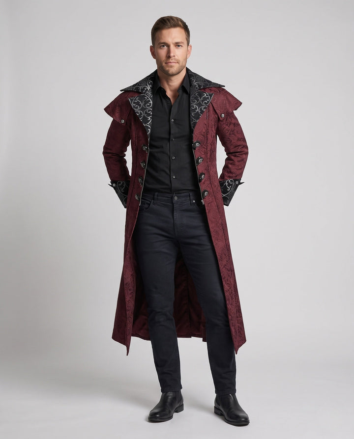 Men's elegant Gothic coat with elaborate embellishments and high collar Mune Fashion