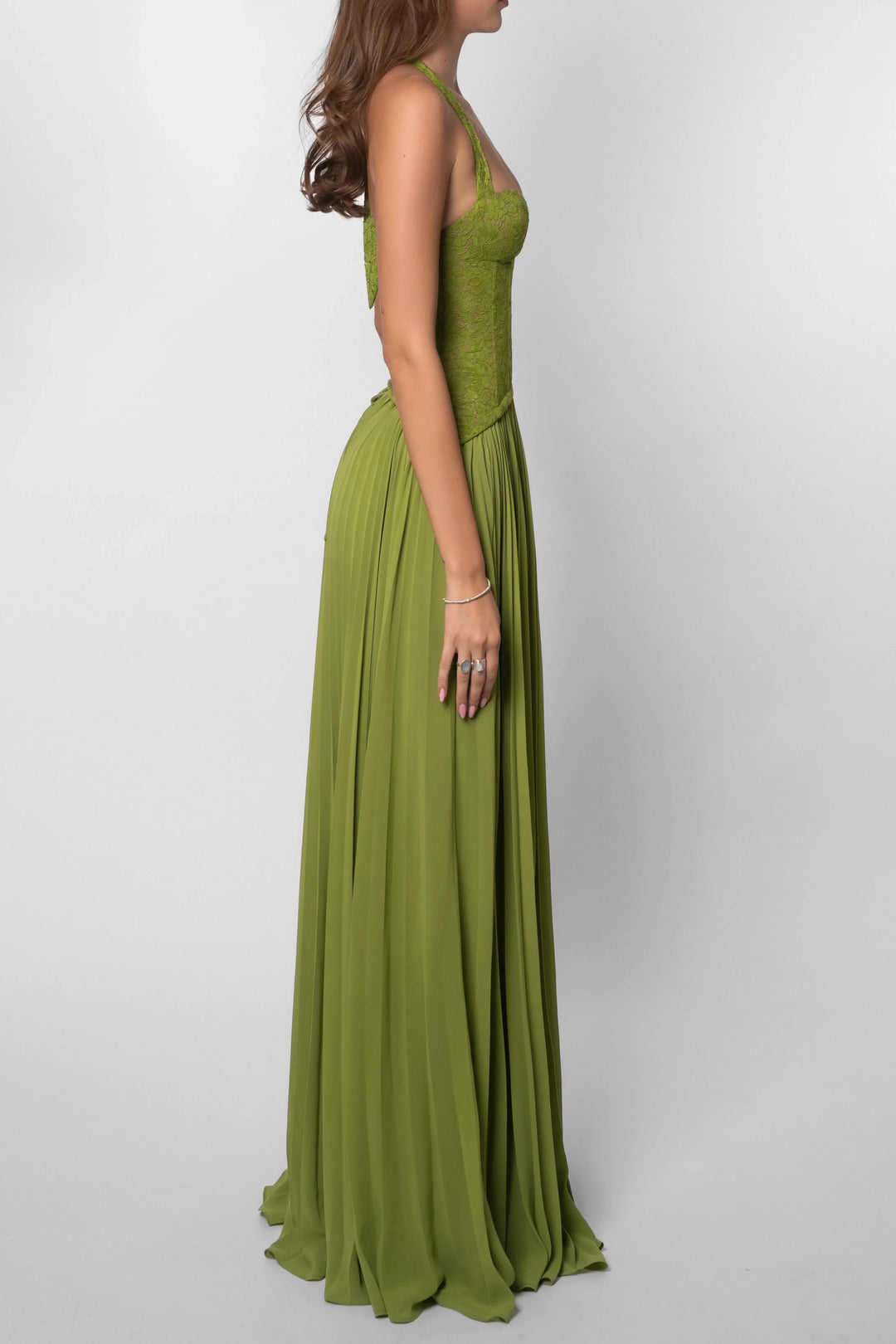 Robe longue femme verte plissee corset