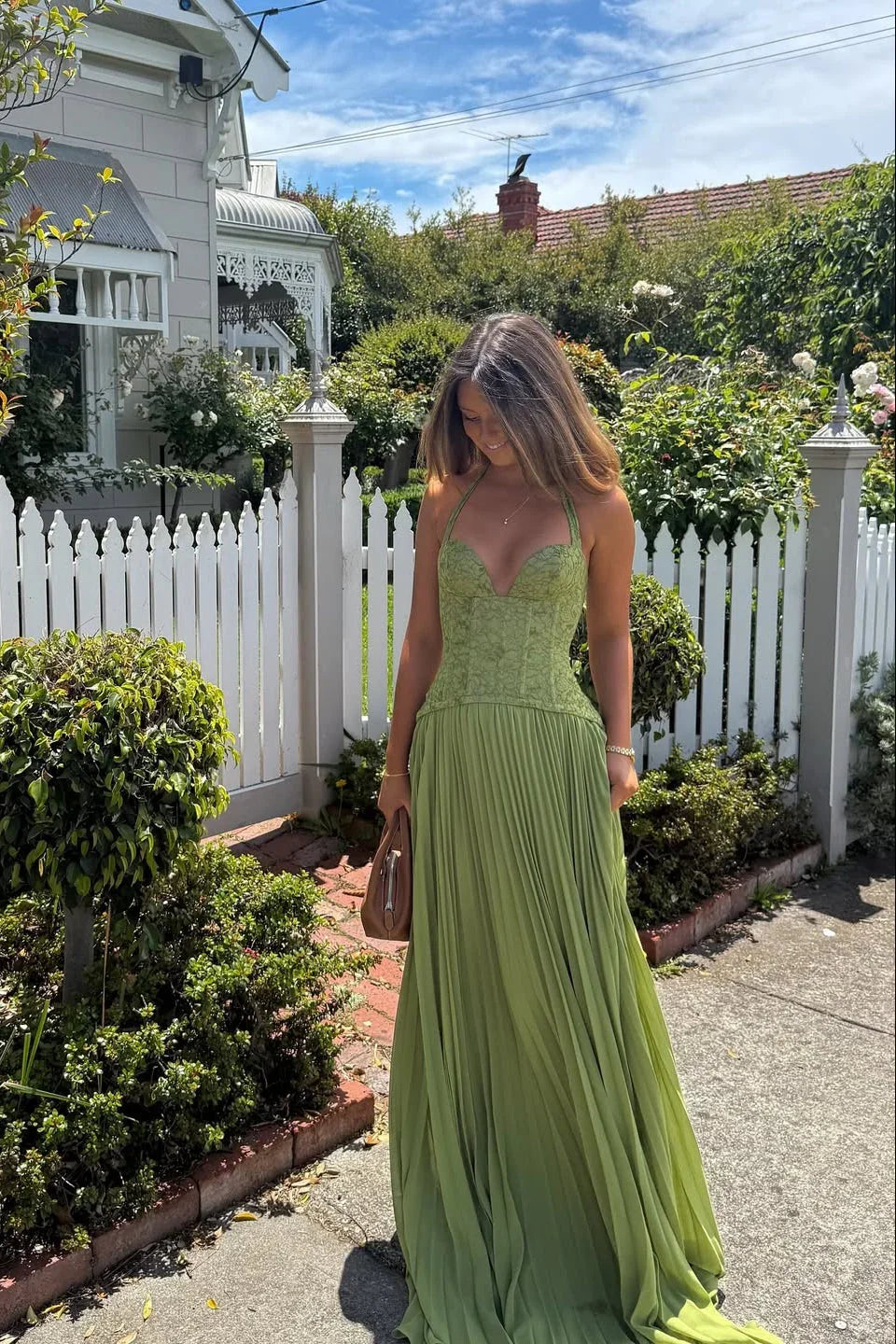 Robe longue femme verte plissee corset