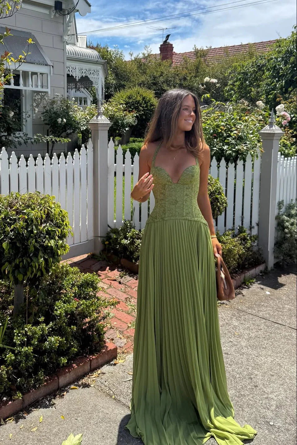 Robe longue femme verte plissee corset