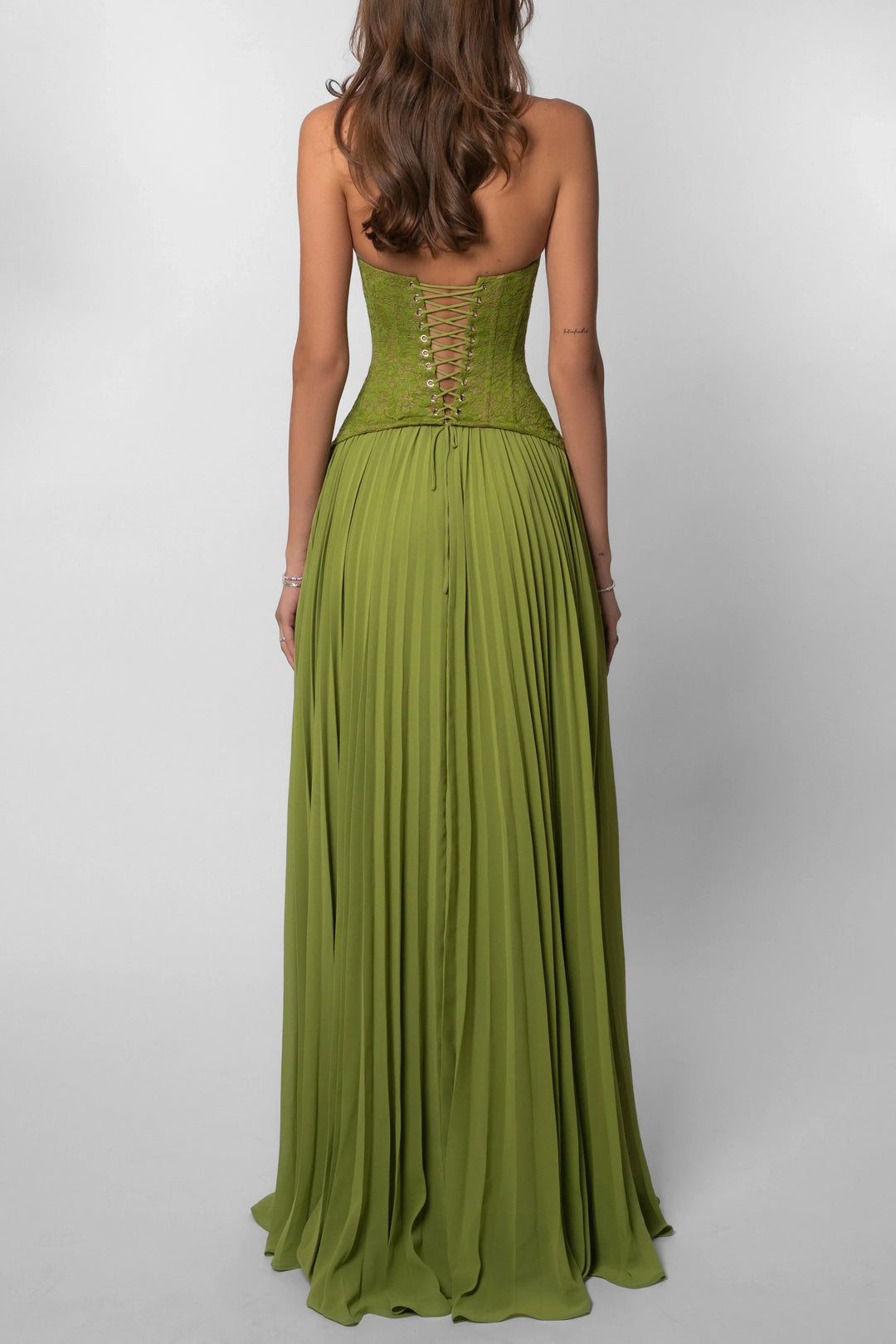 Robe longue femme verte plissee corset