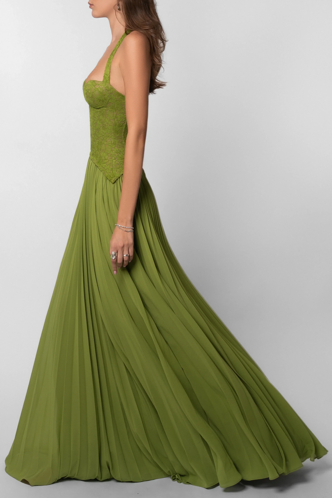Robe longue femme verte plissee corset