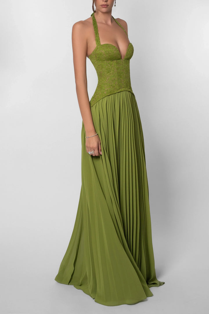 Robe longue femme verte plissee corset