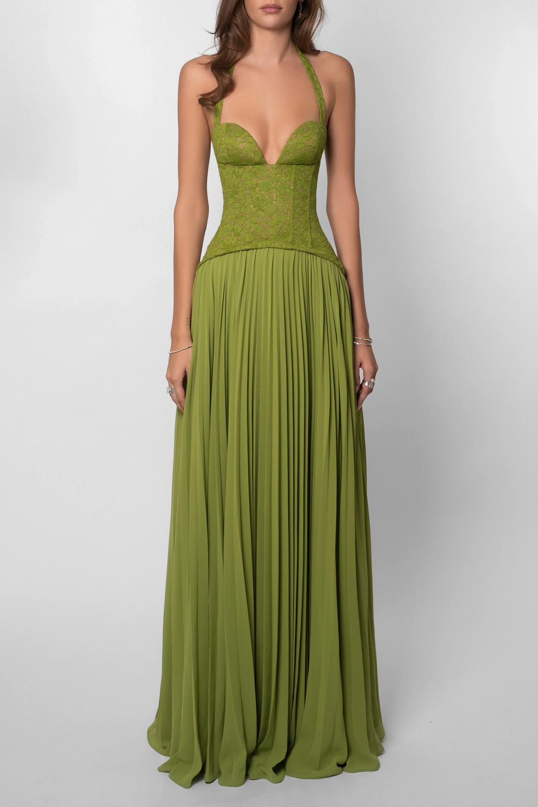 Robe longue femme verte plissee corset