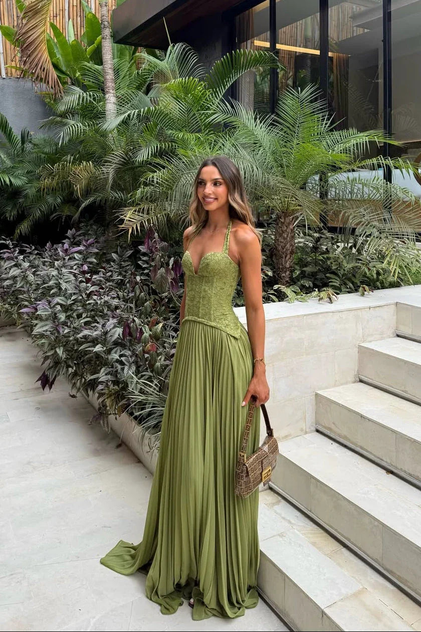 Robe longue femme verte plissee corset