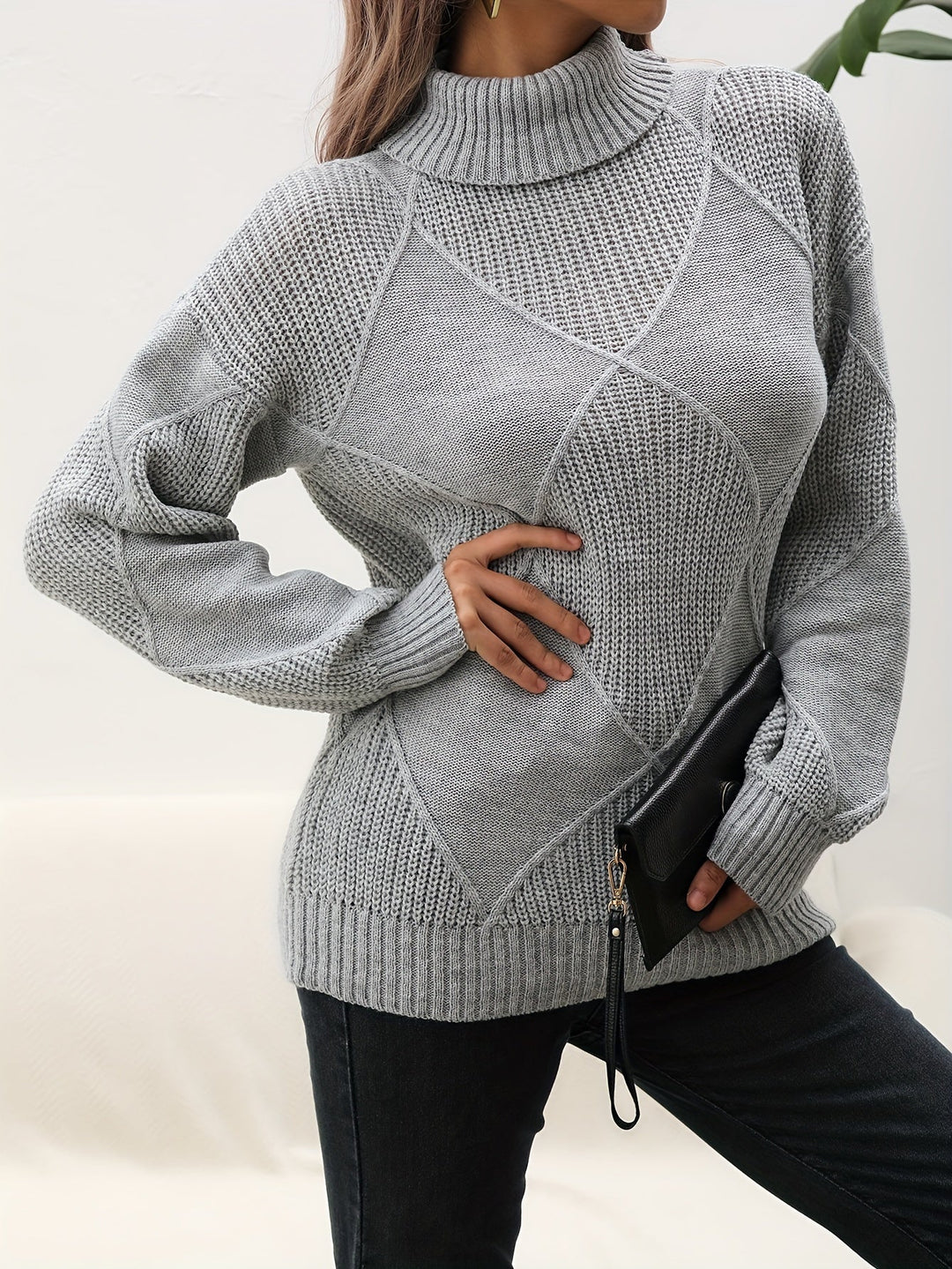 Women's Turtleneck Jumper with Diamond Knit Pattern