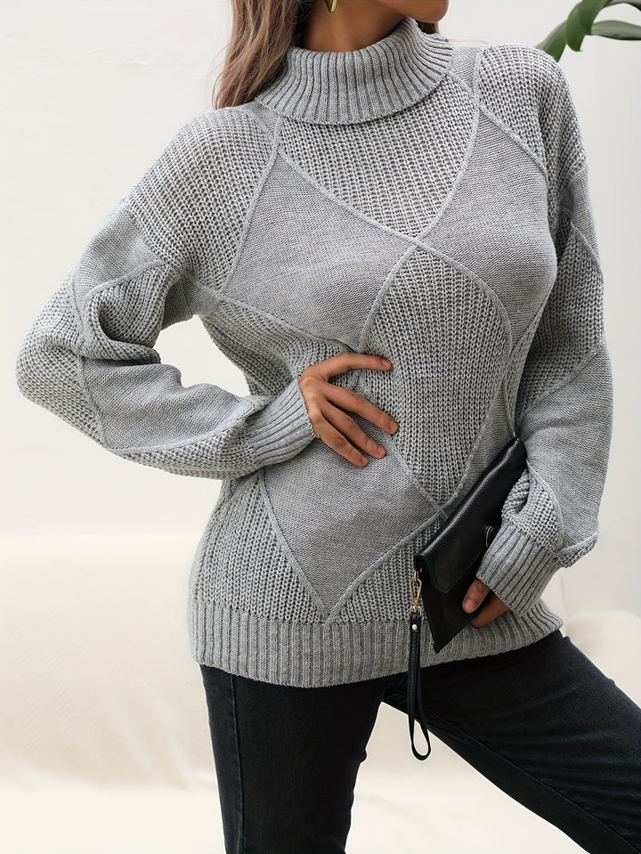 Women's Turtleneck Jumper with Diamond Knit Pattern