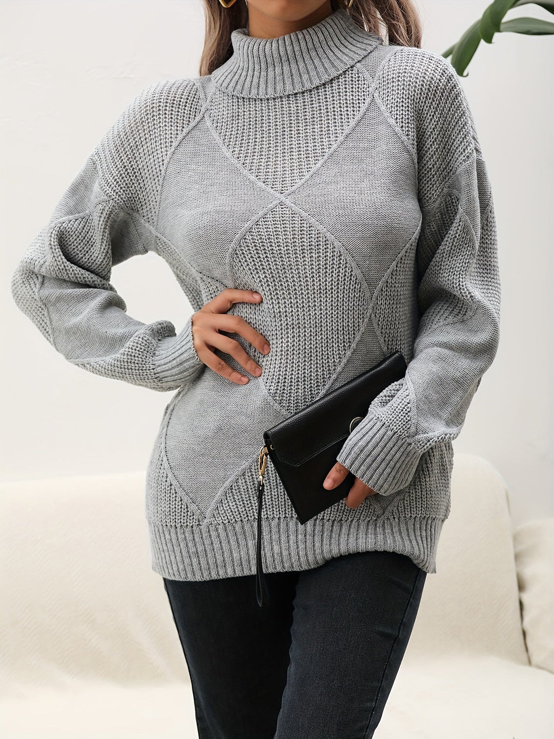 Women's Turtleneck Jumper with Diamond Knit Pattern