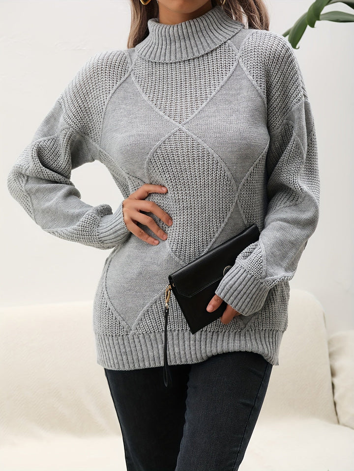 Women's Turtleneck Jumper with Diamond Knit Pattern