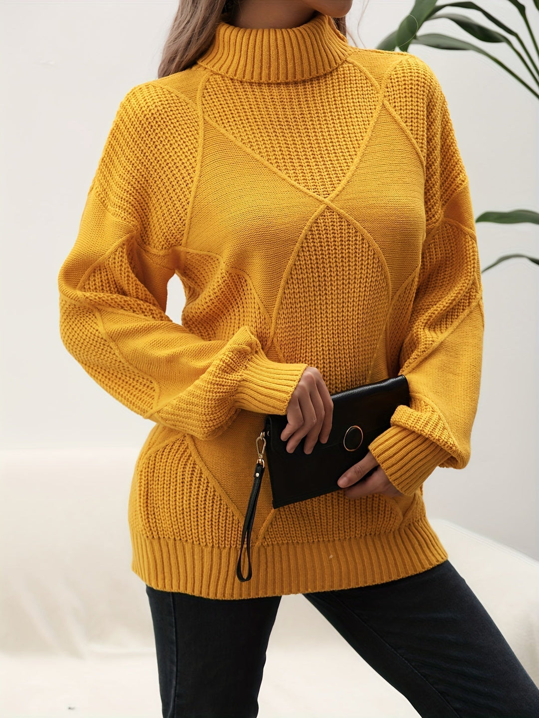 Women's Turtleneck Jumper with Diamond Knit Pattern
