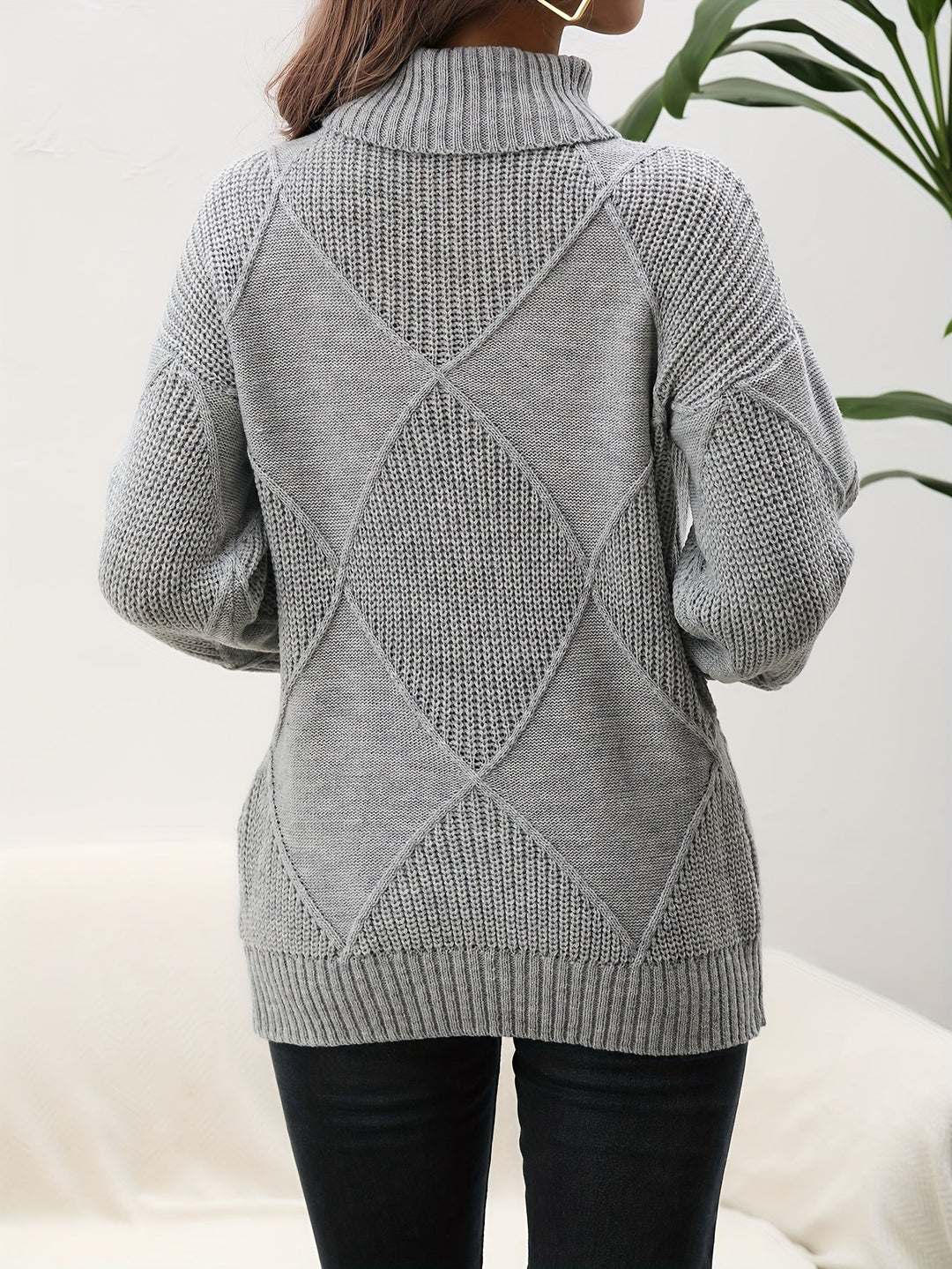 Women's Turtleneck Jumper with Diamond Knit Pattern