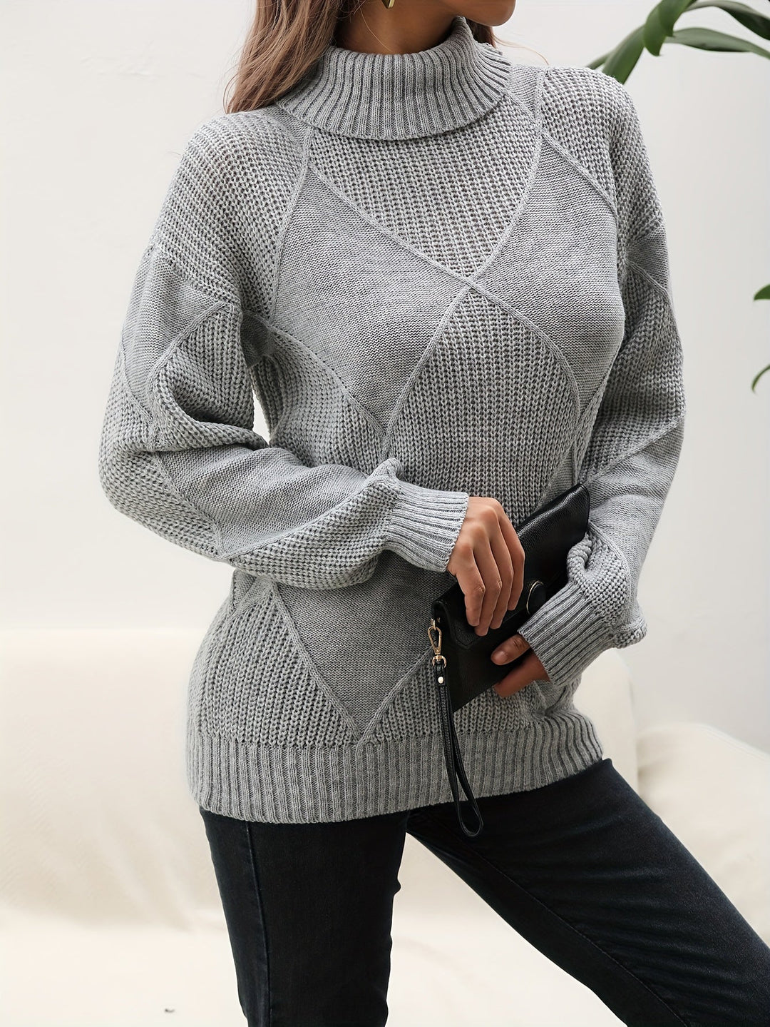 Women's Turtleneck Jumper with Diamond Knit Pattern