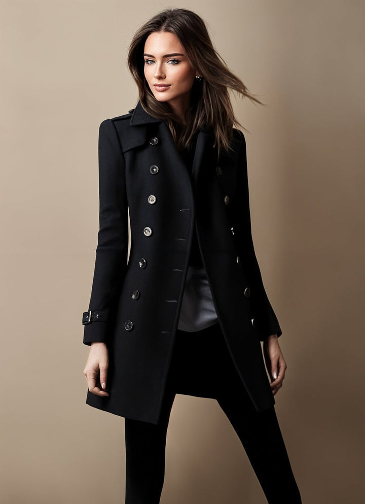 Scarlett | Dame Dobbeltradet Uldfrakke i Trenchcoat-stil med Talje
