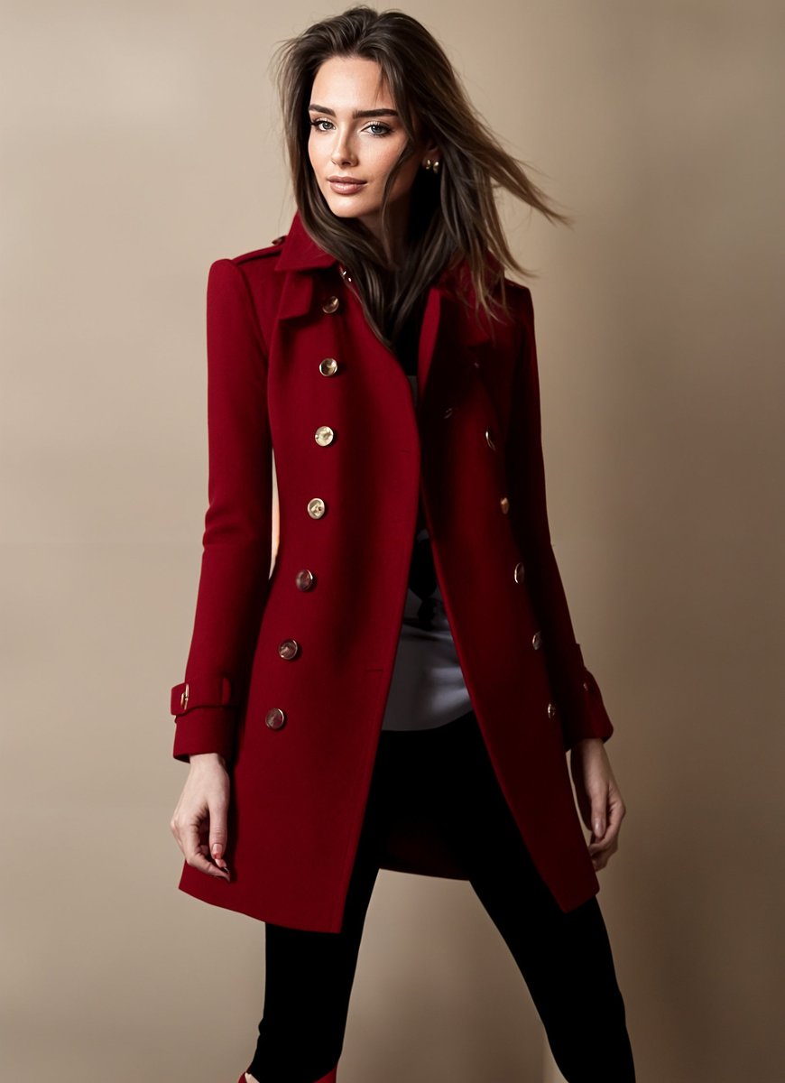 Scarlett | Dame Dobbeltradet Uldfrakke i Trenchcoat-stil med Talje