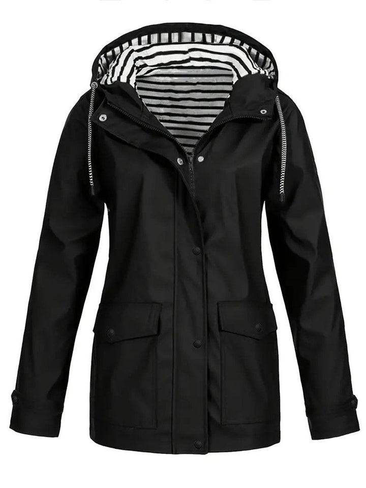 Ella | Dame Vandtæt Regnfrakke med Hætte og Stribet For