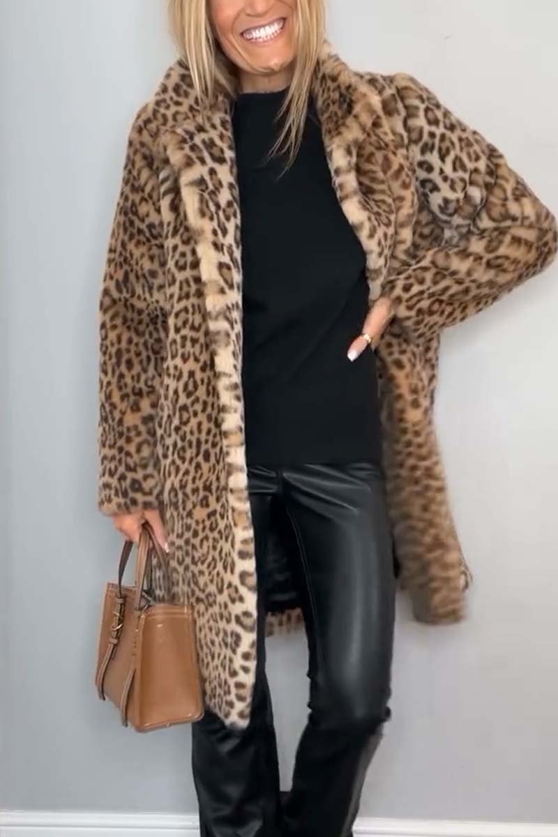 Emily | Dame Lang Vinterfrakke i Fake Fur med Leopardprint