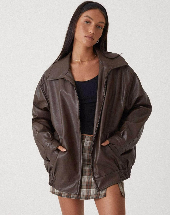 Mia | Dame Oversized Pufferjakke i Imiteret Læder med Krave
