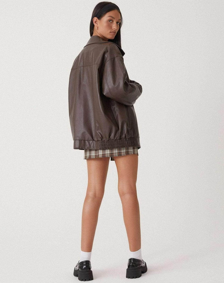 Mia | Dame Oversized Pufferjakke i Imiteret Læder med Krave