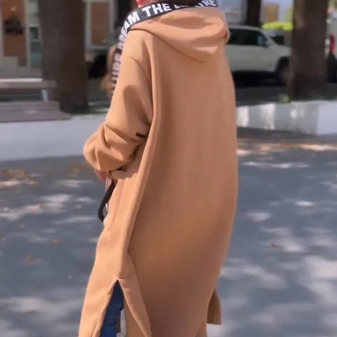 Mia | Dame Lang Oversized Frakke med Hætte og Lynlås