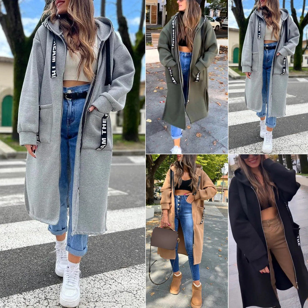 Mia | Dame Lang Oversized Frakke med Hætte og Lynlås