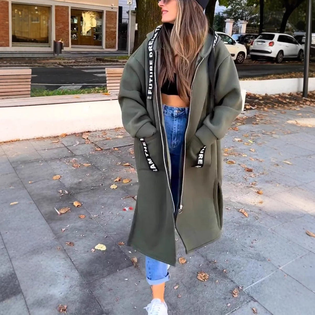 Mia | Dame Lang Oversized Frakke med Hætte og Lynlås