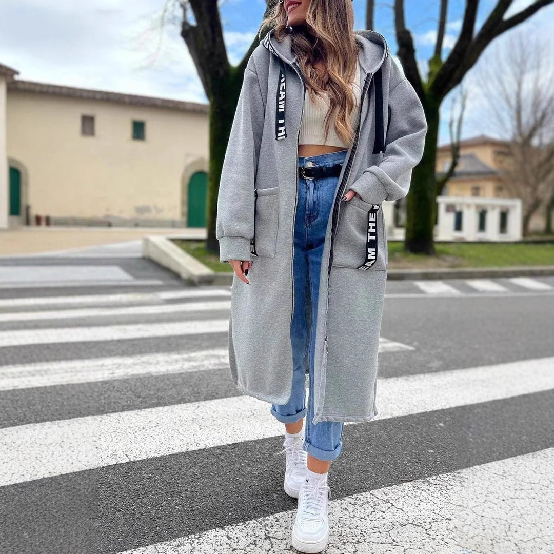 Mia | Dame Lang Oversized Frakke med Hætte og Lynlås