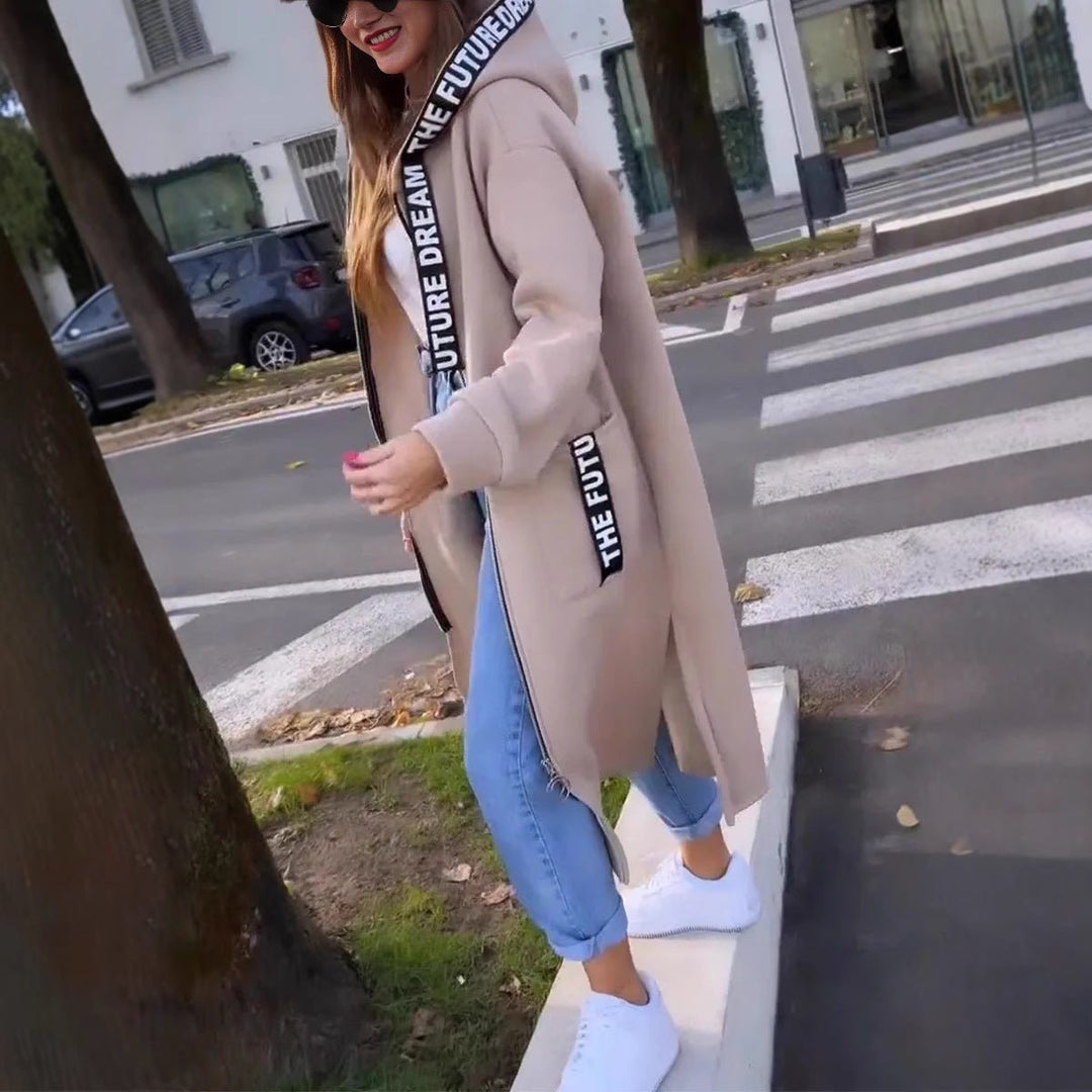 Mia | Dame Lang Oversized Frakke med Hætte og Lynlås