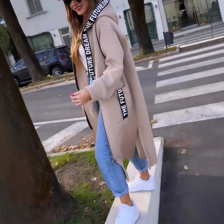 Mia | Dame Lang Oversized Frakke med Hætte og Lynlås