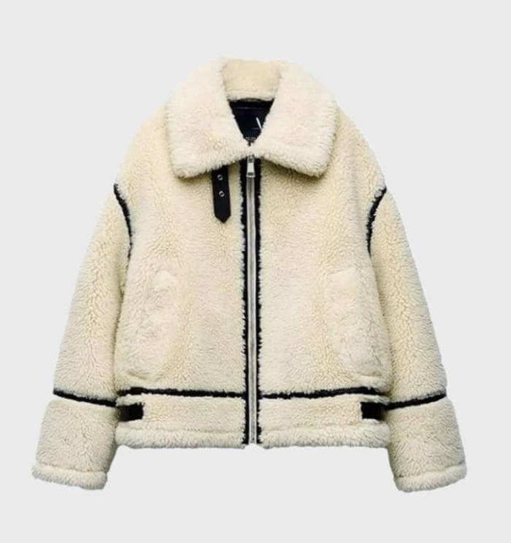 Aria | Dame Oversized Teddyjakke med Lynlås og Kontrastkant
