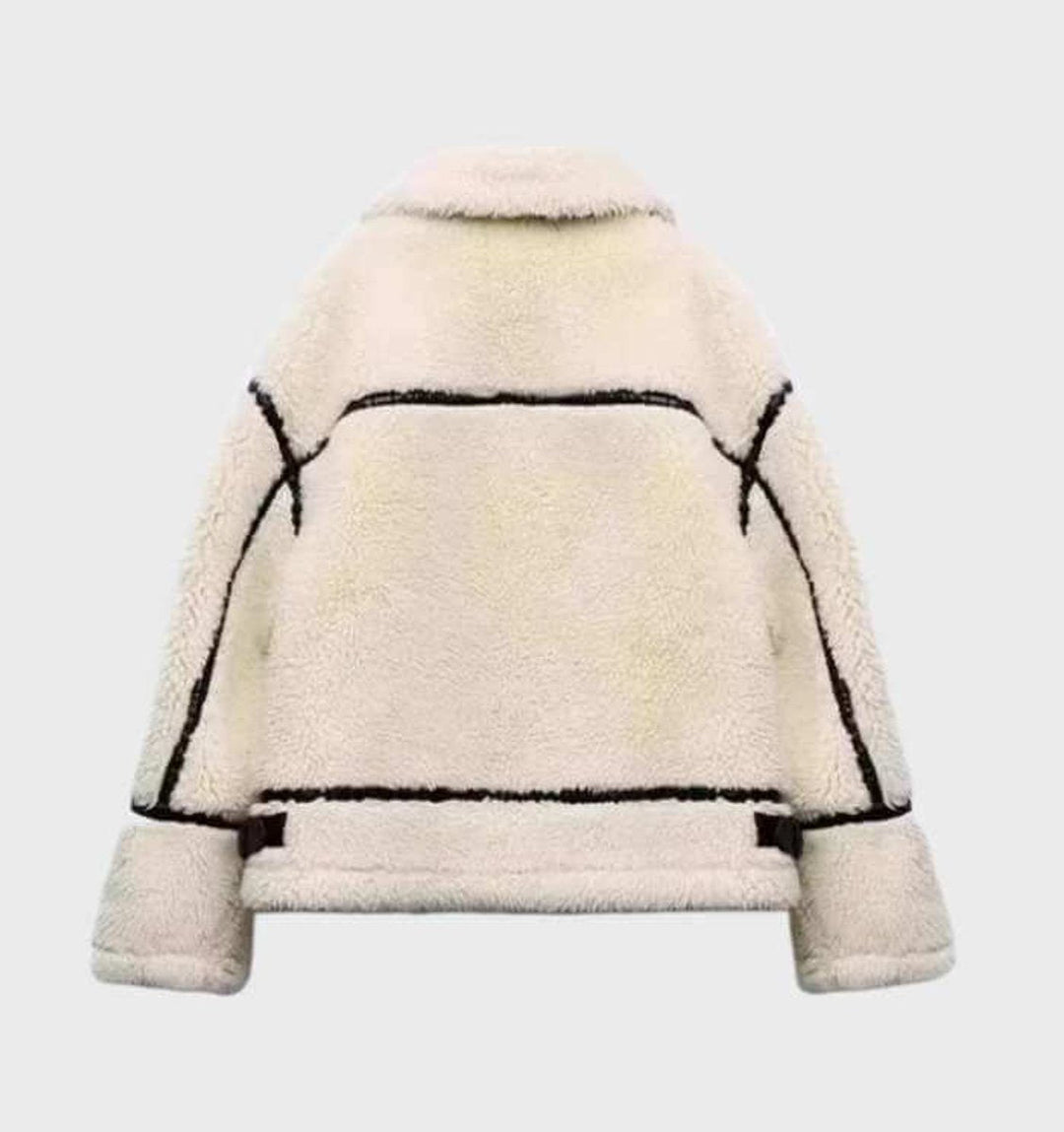 Aria | Dame Oversized Teddyjakke med Lynlås og Kontrastkant