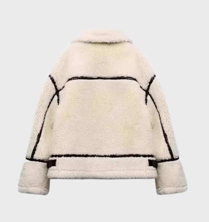 Aria | Dame Oversized Teddyjakke med Lynlås og Kontrastkant