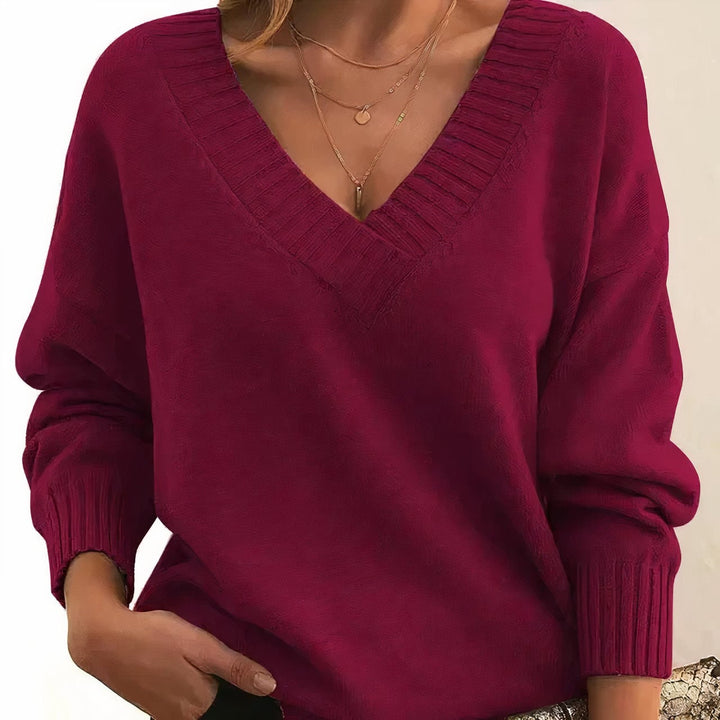 Zachte Cashmere Blend Trui met V-hals en Ribboord voor Dames