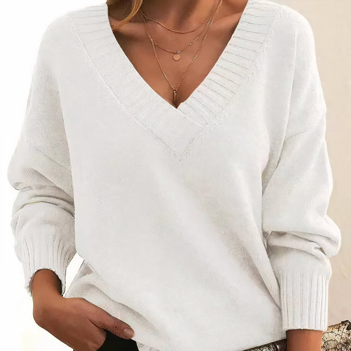 Zachte Cashmere Blend Trui met V-hals en Ribboord voor Dames